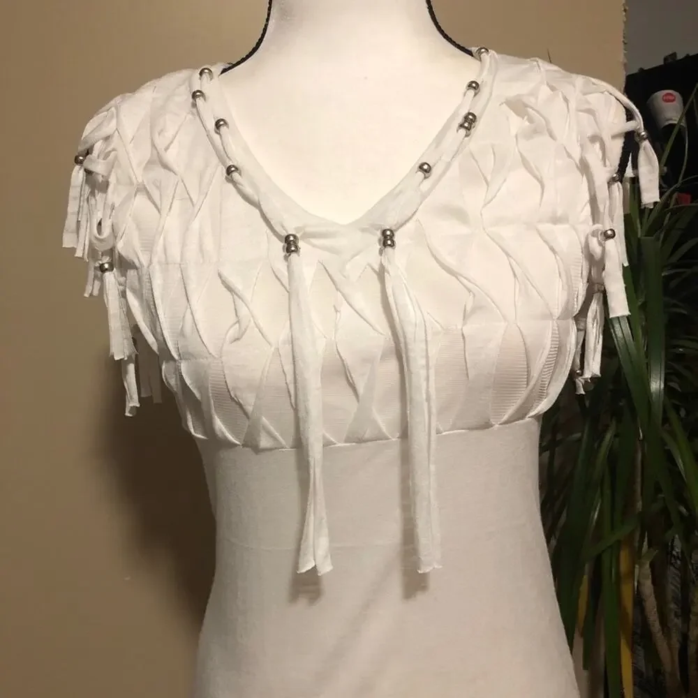 Fringe and Beads Blouse Top Tee Shirt T-Shirt Mür Mür White V-Neck Size S - Picture 3 of 12